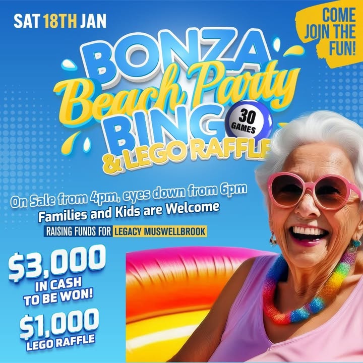 Featured image for “Join us at The Workies THIS Saturday (18 Jan) for our BONZA Beach Party Bingo & LEGO Raffle!”