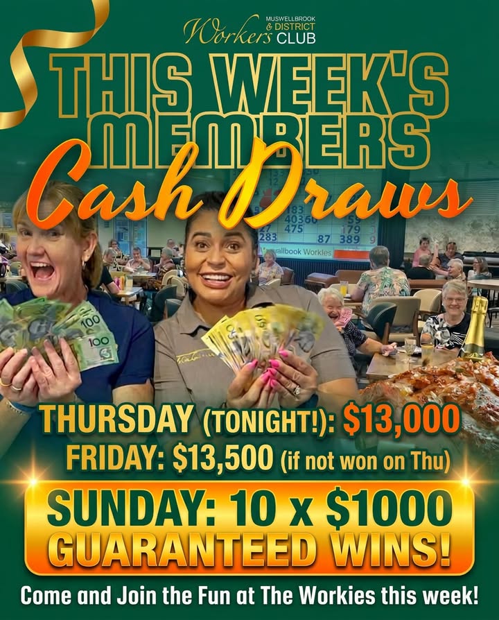 Featured image for “Cash Draw Jackpots This Week at Muswellbrook Workers Club”